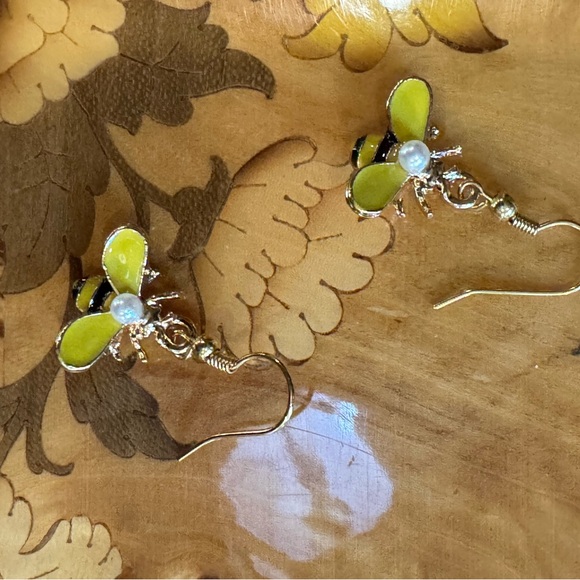 Yellow Bee Earrings with Pearl Accent - Picture 2 of 3